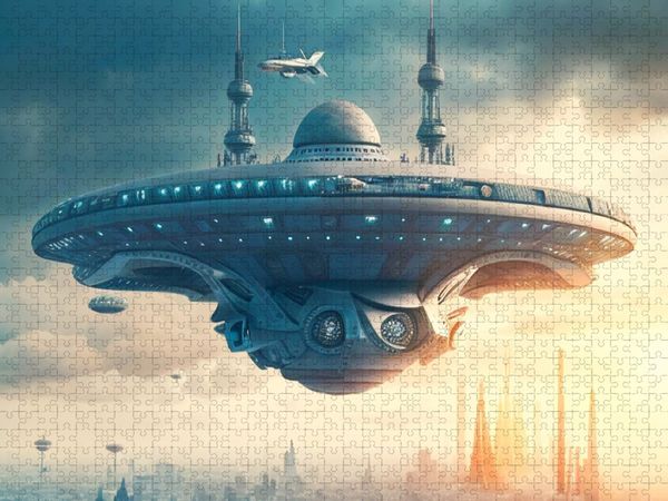 Produktbild: CALVENDO Puzzle Ein Raumschiff schwebt &uuml;ber einer Gro&szlig;stadt | 1000 Teile Lege-Gr&ouml;&szlig;e 64x48cm Foto-Puzzle f&uuml;r gl&uuml;ckliche Stunden