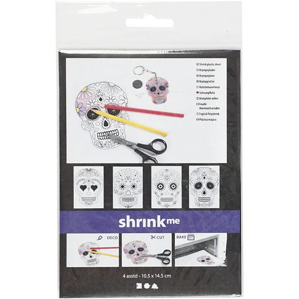 Produktbild: Creativ Company Plastikschrumpfplatten mit Motiven, Totenk&ouml;pfe, Blatt 10,5x14,5 cm, Dicke 0,3 mm, Matt transparent, 4 Blatt