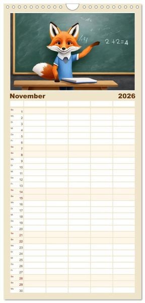 Produktbild: Familienplaner 2026 - Schlaufuchs - Abenteuer Schule mit 5 Spalten (Wandkalender, 21 x 45 cm) CALVENDO