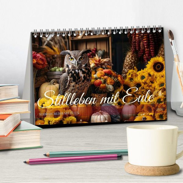 Produktbild: Stillleben mit Eule (Tischkalender 2026 DIN A5 quer), CALVENDO Monatskalender