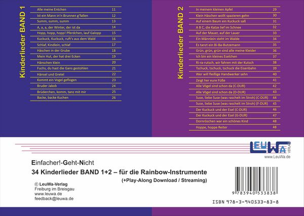 Produktbild: Einfacher!-Geht-Nicht: 34 Kinderlieder BAND 1+2 f&uuml;r die RAINBOW Instrumente (+Play-Along-Streaming) | LeuWa