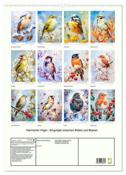 Produktbild: Heimische V&ouml;gel - Singv&ouml;gel zwischen Bl&uuml;ten und Beeren (Wandkalender 2026 DIN A2 hoch), CALVENDO Monatskalender