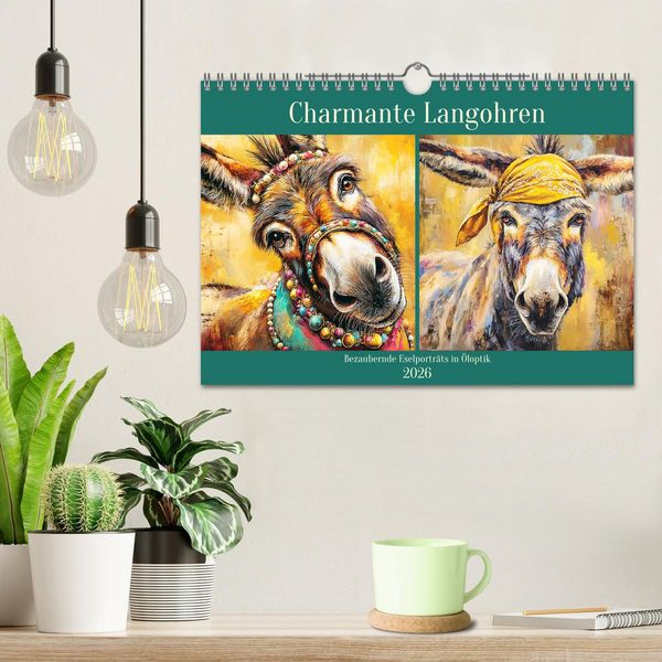 Produktbild: Charmante Langohren. Bezaubernde Eselportr&auml;ts in &Ouml;loptik (Wandkalender 2026 DIN A4 quer), CALVENDO Monatskalender