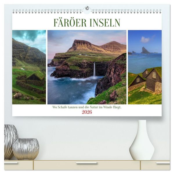 Produktbild: F&auml;r&ouml;er Inseln - Wo Schafe tanzen und die Natur im Winde fliegt (hochwertiger Premium Wandkalender 2026 DIN A2 quer), Kunstdruck in Hochglanz