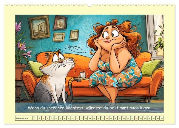 Produktbild: Katzen und Frauen. Lustige Cartoons vom t&auml;glichen Chaos (hochwertiger Premium Wandkalender 2026 DIN A2 quer), Kunstdruck in Hochglanz