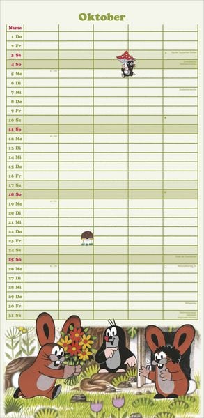 Produktbild: N NEUMANNVERLAGE - Der kleine Maulwurf 2026 Familienplaner, 22x45cm, Familienkalender mit 5 Spalten für Termine und Notizen, schöne Abbildungen, Stund