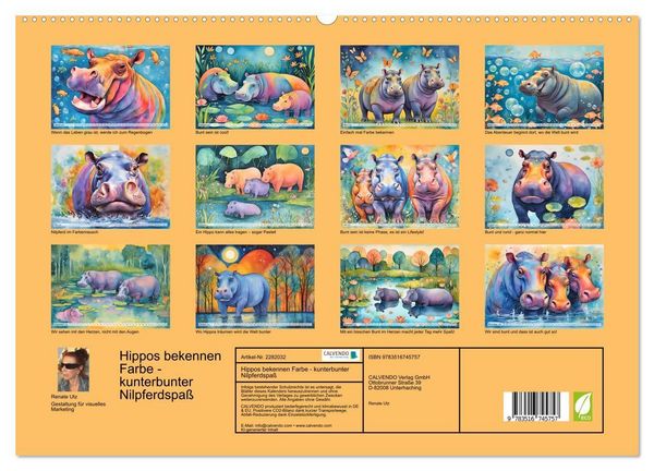 Produktbild: Hippos bekennen Farbe - kunterbunter Nilpferdspa&szlig; (hochwertiger Premium Wandkalender 2026 DIN A2 quer), Kunstdruck in Hochglanz