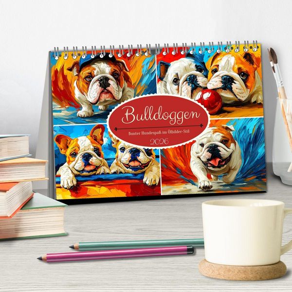 Produktbild: Bulldoggen. Bunter Hundespa&szlig; im &Ouml;lbilder-Stil (Tischkalender 2026 DIN A5 quer), CALVENDO Monatskalender