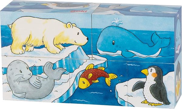 Produktbild: Goki 57686 - W&uuml;rfelpuzzle Safari und Arktis, 5-teilig, Holz