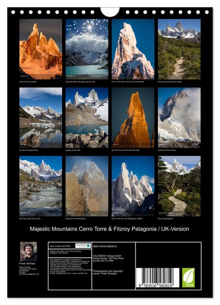 Produktbild: Majestic Mountains Cerro Torre & Fitzroy Patagonia / UK-Version (Wall Calendar 2026 DIN A4 portrait), CALVENDO 12 Month Wall Calendar