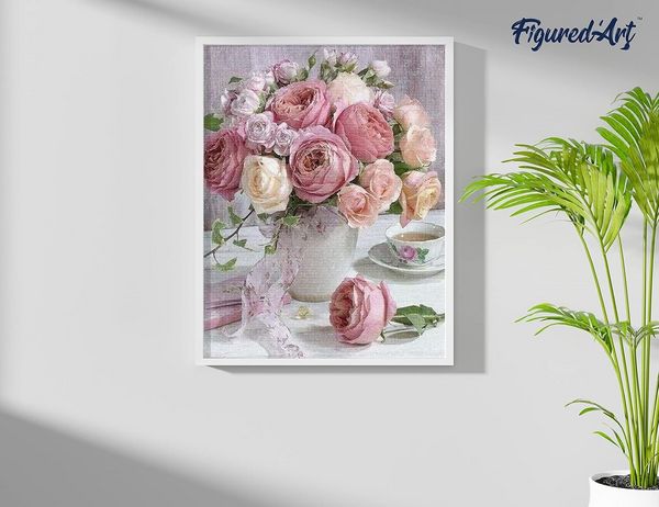 Produktbild: FiguredArt DP-252 - Diamond Painting, Rosenstrau&szlig;, 5D Bild (40x50cm) mit eckigen Steinen, DIY Bastelset