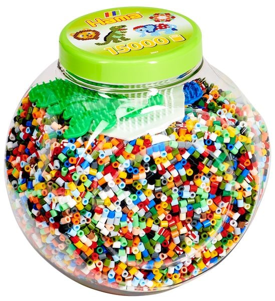 Produktbild: HAMA Dose pink mit 3 Platten (kleines Sechseck , kleiner Elefant und Dinosaurier) und 15.000 Perlen