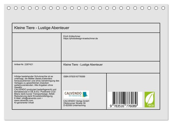 Produktbild: Kleine Tiere - Lustige Abenteuer (Tischkalender 2027 DIN A5 quer), CALVENDO Monatskalender
