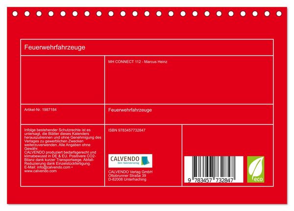 Produktbild: Feuerwehrfahrzeuge (Tischkalender 2026 DIN A5 quer), CALVENDO Monatskalender