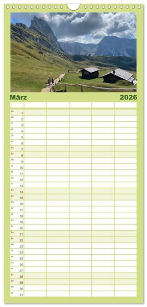 Produktbild: Familienplaner 2026 - Alpenauszeit - Die Bergh&uuml;tten unserer Alpen mit 5 Spalten (Wandkalender, 21 x 45 cm) CALVENDO