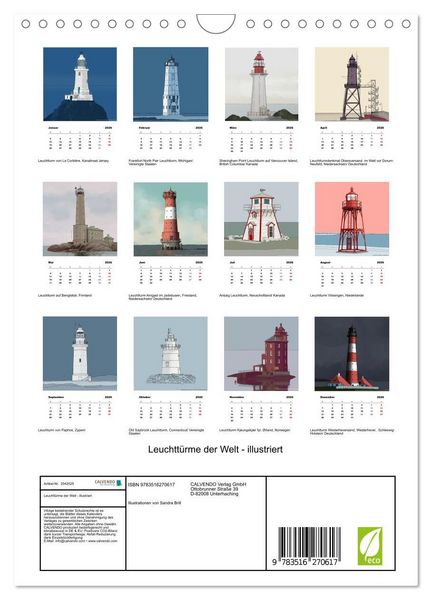 Produktbild: Leuchtt&uuml;rme der Welt - illustriert (Wandkalender 2026 DIN A4 hoch), CALVENDO Monatskalender