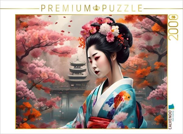 CALVENDO Puzzle Geisha im Frühling mit Tempel im Hintergrund | 2000 Teile Lege-Größe 90x67cm Foto-Puzzle für glückliche Stunden