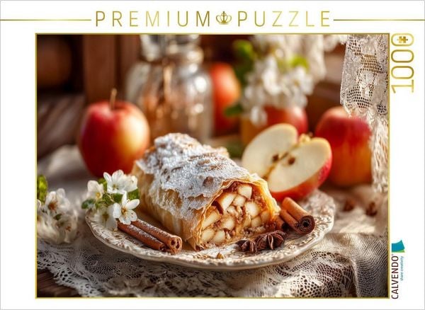 CALVENDO Puzzle Traditioneller Apfelstrudel mit Zimt und Puderzucker auf rustikalem Teller | 1000 Teile Lege-Größe 64x48cm Foto-Puzzle für glückliche