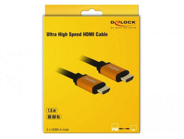 Produktbild: Delock HDMI Anschlusskabel HDMI-A Stecker 1.5 m Schwarz, Gold 85728 dreifach geschirmt, vergoldete Steckkontakte, 8K UHD HDMI-Kabel