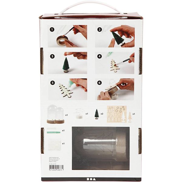 Produktbild: Creativ Company DIY Christmas Set f&uuml;r Deko-Szenen unter Plastikglocken, Kreativ Box mit 2 Weihnachtsb&auml;umchen, Figuren zum Ausstanzen, LED