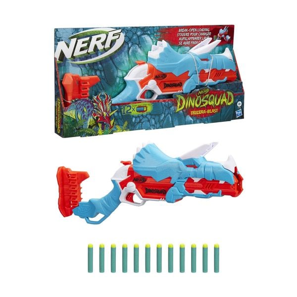 Hasbro F0803EU4 - Nerf DinoSquad Tricera-Blast Dart-Blaster, aufklappbarer 3-Dart Lauf, 12 Nerf Darts