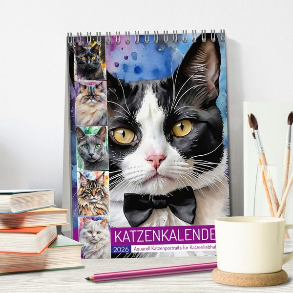 Produktbild: KATZENKALENDER - Aquarell Katzenportraits f&uuml;r Katzenliebhaber (Tischkalender 2026 DIN A5 hoch), CALVENDO Monatskalender