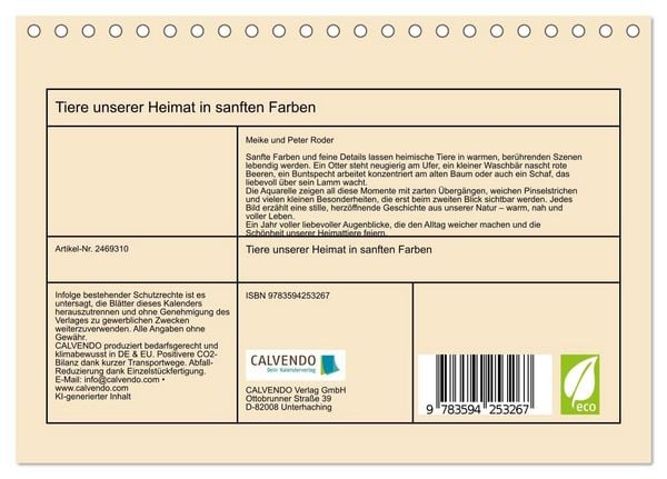 Produktbild: Tiere unserer Heimat in sanften Farben (Tischkalender 2027 DIN A5 quer), CALVENDO Monatskalender