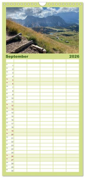 Produktbild: Familienplaner 2026 - Alpenauszeit - Die Bergh&uuml;tten unserer Alpen mit 5 Spalten (Wandkalender, 21 x 45 cm) CALVENDO