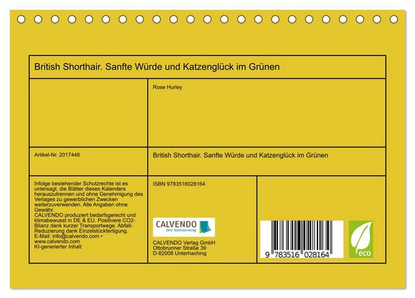 Produktbild: British Shorthair. Sanfte W&uuml;rde und Katzengl&uuml;ck im Gr&uuml;nen (Tischkalender 2026 DIN A5 quer), CALVENDO Monatskalender