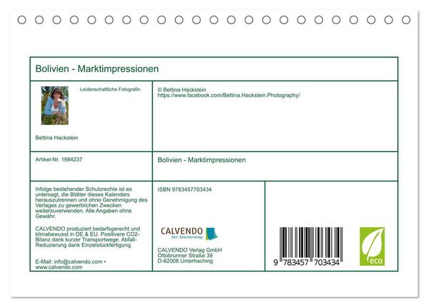 Produktbild: Bolivien - Marktimpressionen (Tischkalender 2026 DIN A5 quer), CALVENDO Monatskalender