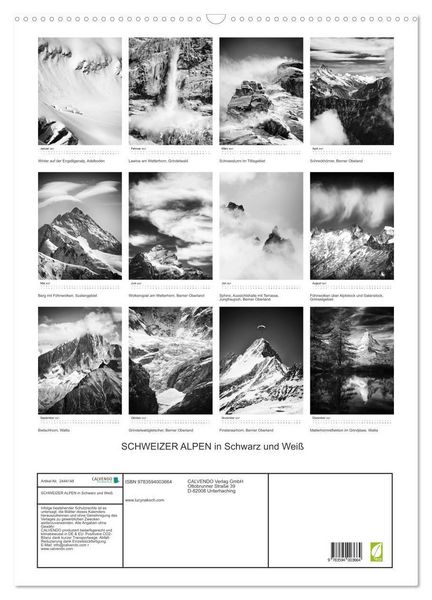 Produktbild: SCHWEIZER ALPEN in Schwarz und Wei&szlig; (Wandkalender 2027 DIN A2 hoch), CALVENDO Monatskalender