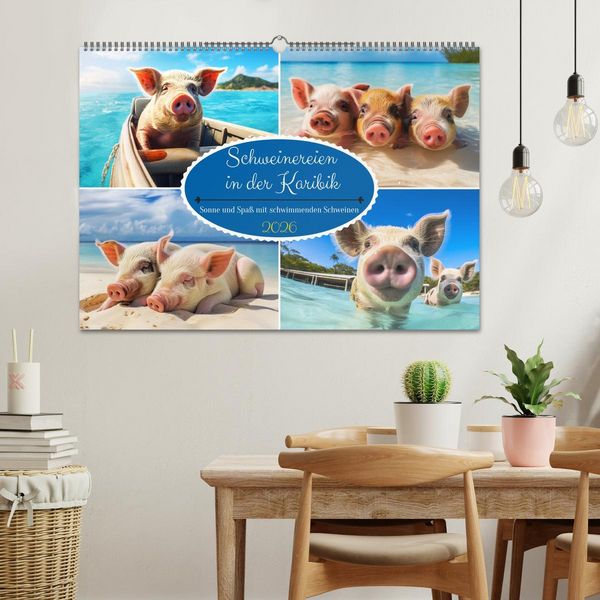 Produktbild: Schweinereien in der Karibik. Sonne und Spa&szlig; mit schwimmenden Schweinen (Wandkalender 2026 DIN A2 quer), CALVENDO Monatskalender
