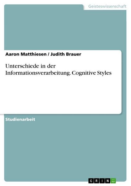 Produktbild: Unterschiede in der Informationsverarbeitung. Cognitive Styles