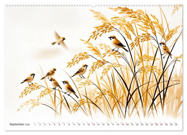 Produktbild: Federleicht - Vogelwelt im Stile asiatischer Tuschmalerei (hochwertiger Premium Wandkalender 2026 DIN A2 quer), Kunstdruck in Hochglanz