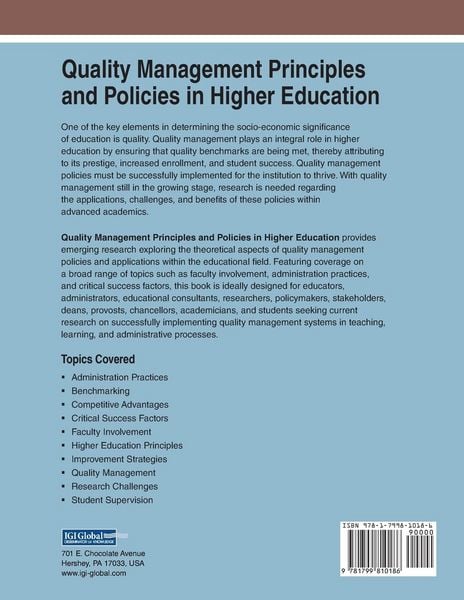 Produktbild: Quality Management Principles and Policies in Higher Education