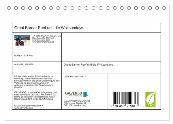 Produktbild: Great Barrier Reef und die Whitsundays (Tischkalender 2026 DIN A5 quer), CALVENDO Monatskalender