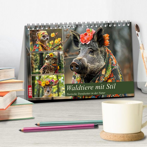Produktbild: Waldtiere mit Stil. Tierische Trendsetter in der Natur (Tischkalender 2026 DIN A5 quer), CALVENDO Monatskalender