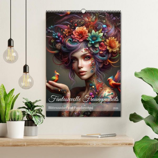 Produktbild: Fantasievolle Frauenportr&auml;ts - Bl&uuml;tenzauber und Paradiesv&ouml;gel (Wandkalender 2026 DIN A2 hoch), CALVENDO Monatskalender