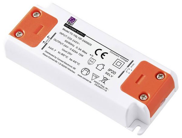 Produktbild: TRU COMPONENTS TC-YSL15F-2400625 LED-Trafo Konstantspannung 15W 0.625A 24 V/DC M&ouml;belzulassung, &Uuml;berspannung, Montage auf
