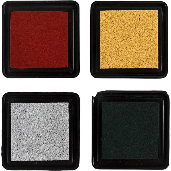 Produktbild: Creativ Company Stempelkissen, H 2 cm, Gr&ouml;&szlig;e 3,5x3,5 cm, Gold, Lindgr&uuml;n, Weihnachtsrot, Silber, 4 Stk