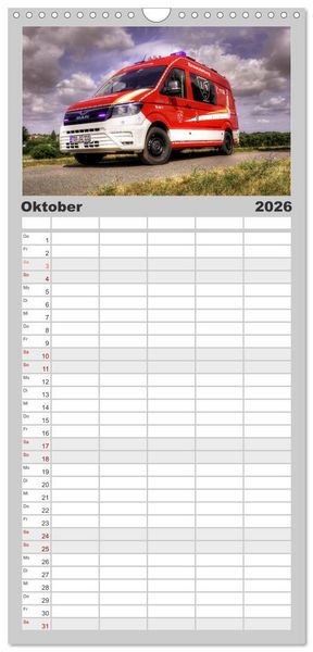 Produktbild: Familienplaner 2026 - Feuerwehrfahrzeuge mit 5 Spalten (Wandkalender, 21 x 45 cm) CALVENDO