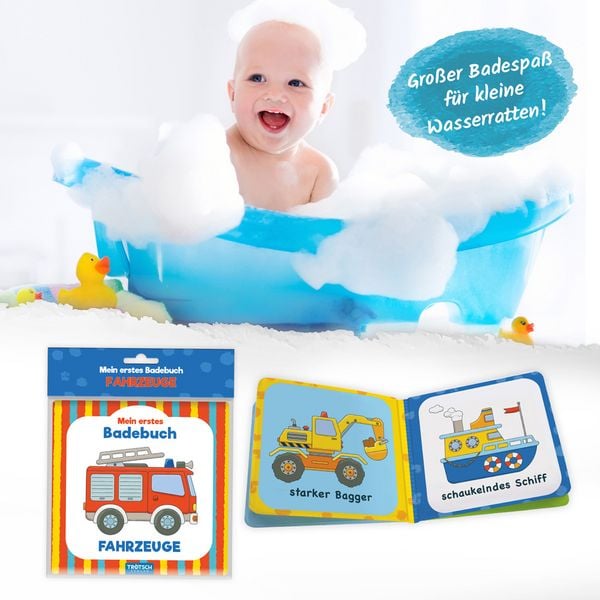 Produktbild: TR&Ouml;TSCH - Badebuch "Fahrzeuge" | Wasserfestes Badebuch mit liebevoll illustrierten Fahrzeugmotiven. Leuchtend buntes Badewannenbuch mit weichen Oberfl&auml;chen zum Dr&uuml;cken und Knautschen | Ab 0 Monaten