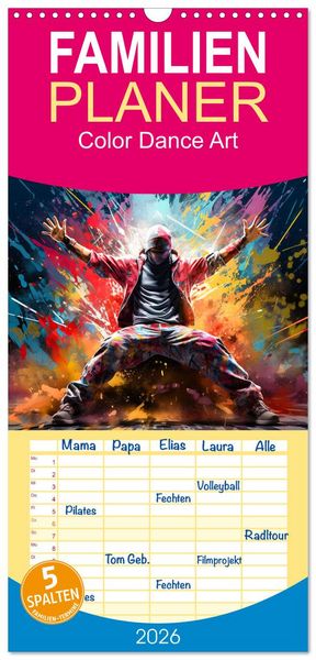 Produktbild: Familienplaner 2026 - Color Dance Art mit 5 Spalten (Wandkalender, 21 x 45 cm) CALVENDO