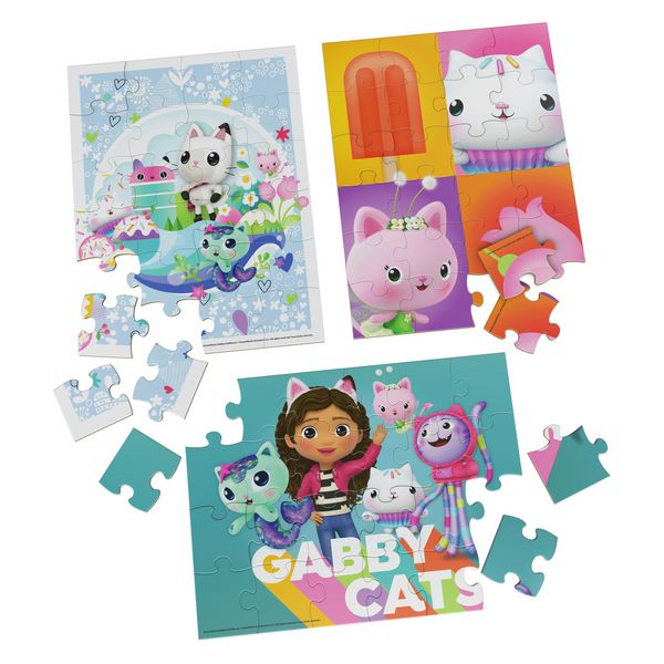Produktbild: Gabby&rsquo;s Dollhouse Holzpuzzle-Sammlung, 3 miau-tastische Puzzle-Motive mit stabiler Holzbox , jedes besteht aus 24 Teilen, ab 3 Jahren