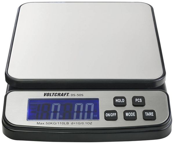 Produktbild: VOLTCRAFT DS-50S Tischwaage W&auml;gebereich (max.) 50 kg Ablesbarkeit 1 g batteriebetrieben, &uuml;ber Steckernetzteil (Optional) Silber