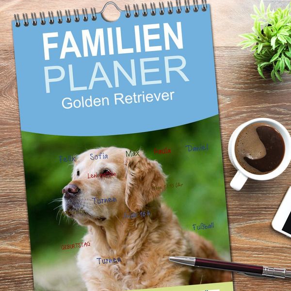 Produktbild: Familienplaner 2026 - Golden Retriever mit 5 Spalten (Wandkalender, 21 x 45 cm) CALVENDO