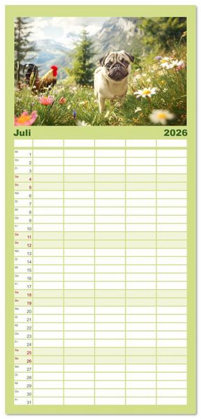 Produktbild: Familienplaner 2026 - Mops trifft Berglust. Fidele Gipfelst&uuml;rmer im H&ouml;henrausch mit 5 Spalten (Wandkalender, 21 x 45 cm) CALVENDO