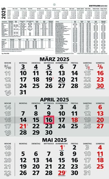 Zettler - 3-Monatskalender 2025 schwarz/rot, 29,7x48,8cm, Bü