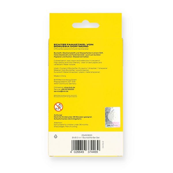 Produktbild: BVB Borussia Dortmund 3-in-1 Buntstifte/Wachsmaler 6er Set mit Anspitzer