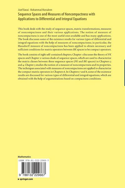 Produktbild: Sequence Spaces and Measures of Noncompactness with Applications to Differential and Integral Equations
